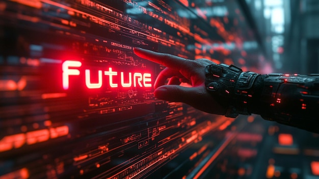 Photo a hand is touching a red neon sign that says future in red