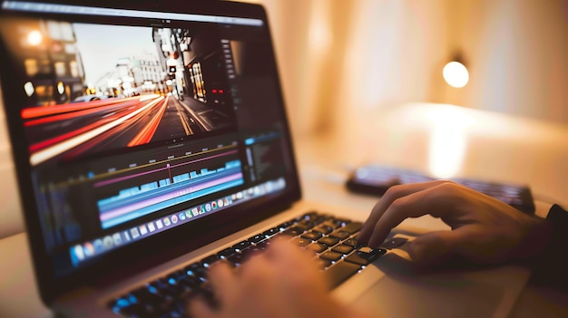 A hand is typing on a laptop with a video editing program open