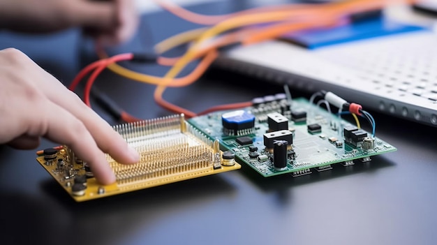 A hand is working on a computer and a circuit board.