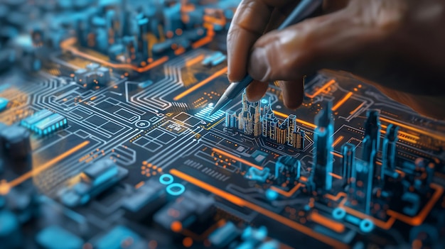 a hand is working on a computer with a blue background