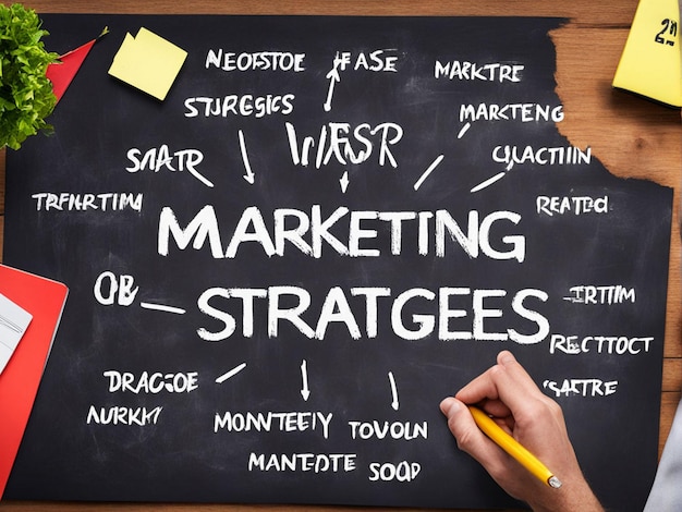 a hand is writing on a blackboard that says marketing