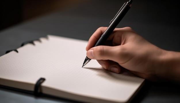 A hand is writing on a notebook with a pen.