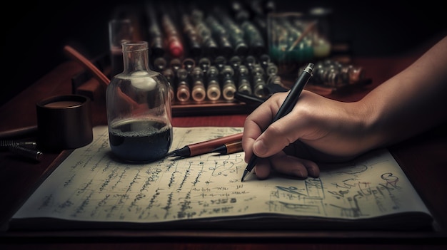 A hand is writing on a piece of paper with a pen and a bottle of ink.