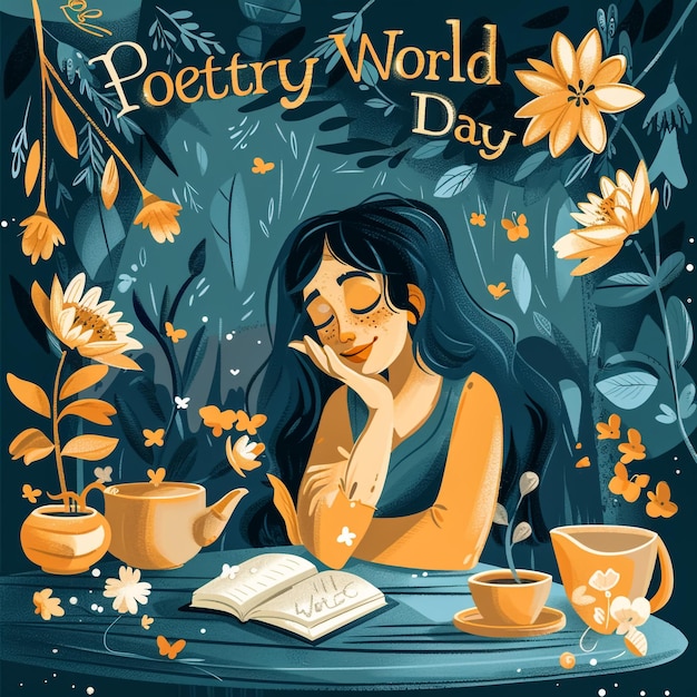 Photo hand lettering world poetry day flower background vector illustration