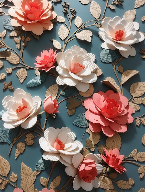 Hand made artificial flowers on wallpaper and pattern