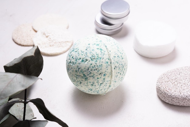 Hand made bath sea salt ball bomb on wooden table