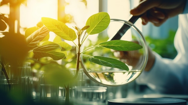 Hand and Magnifying Glass Examining Plant in Agriculture Laboratory Generative AI