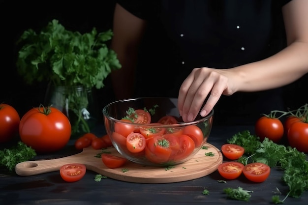 Hand making tomato salad Meal cooking Generate Ai