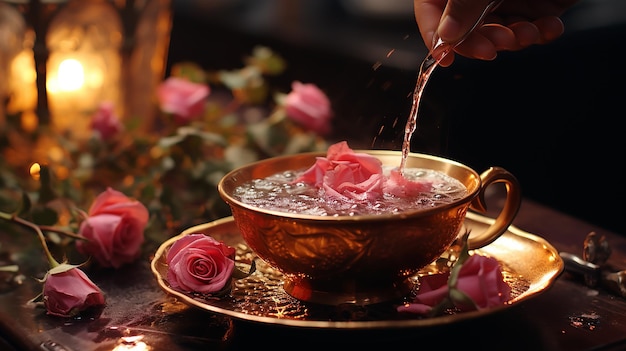 hand man droping tea rose powder in hot drink with red rose