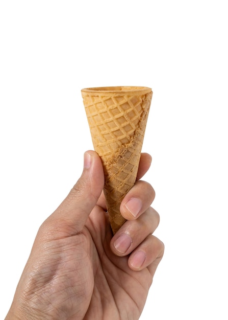 Hand a man hold ice cream cone isolated on a white background.