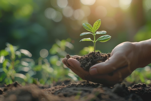 Hand of a man holding a small tree for planting for the environment green World Day Earth Day