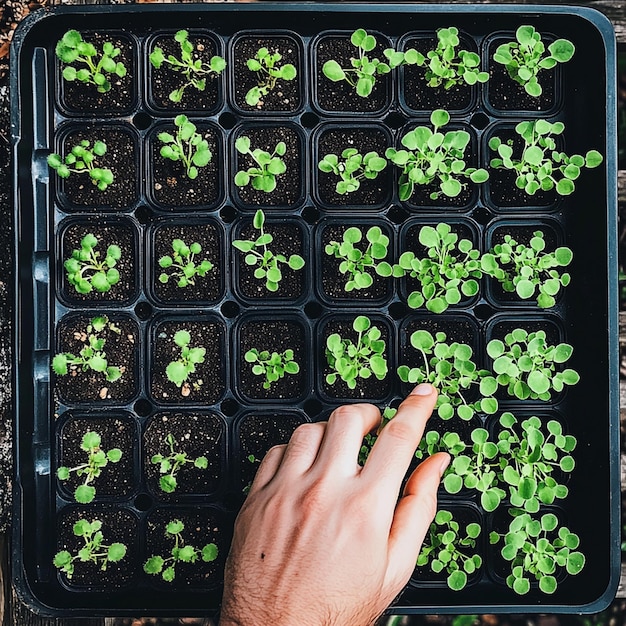 Photo a hand of the man with young plant and soil