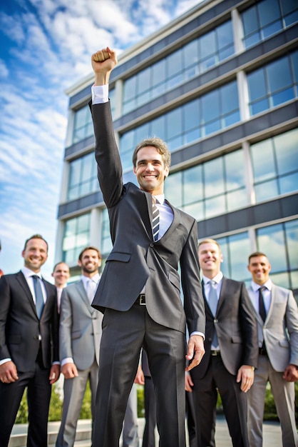 Photo hand of manager rising up among other businessman