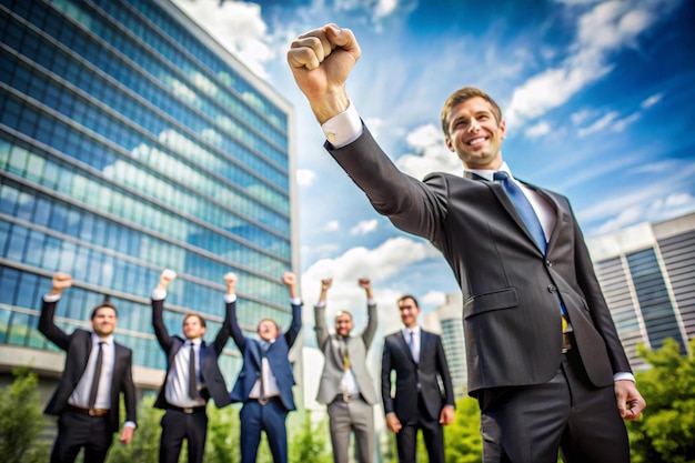 Photo hand of manager rising up among other businessman