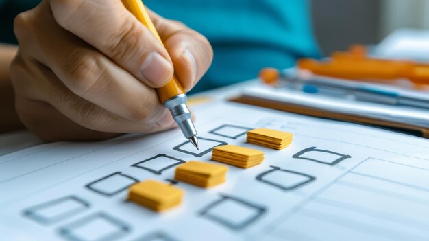 Photo hand marking checkboxes on a paper checklist