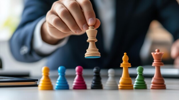 A hand moving a chess piece among colorful pieces symbolizing strategic planning decisionmaking and leadership in a business context