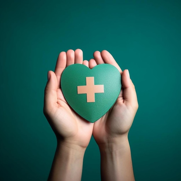 Photo hand offer medical shield on green background