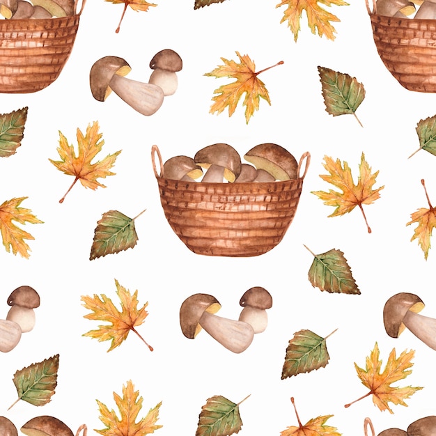 hand painted autumn pattern of leaves and mushroom baskets