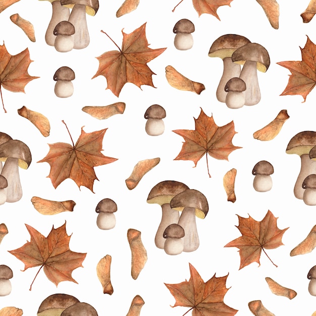 hand painted autumn pattern of mushroom and leaves