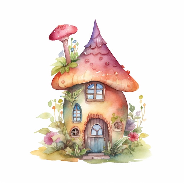 Hand painted fairytale house with a mushroom roof