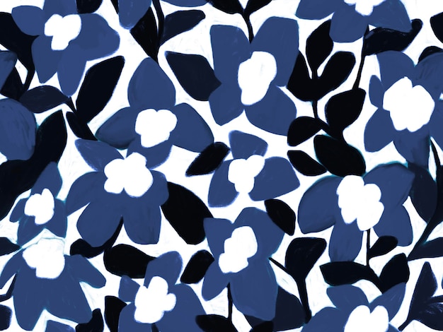 hand painted floral seamless repeating pattern in blue, black and white colours. design for textile