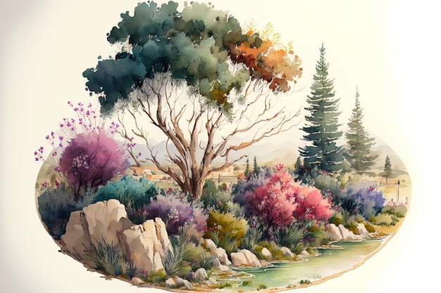 Hand painted flowers and trees in a landscape in watercolor