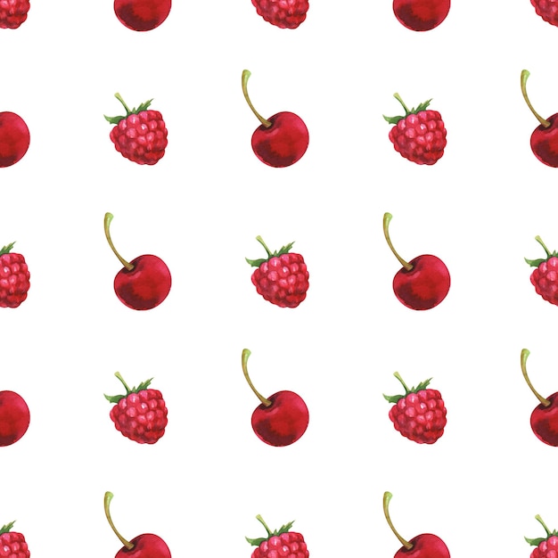 Hand painted seamless pattern with watercolor cherry and raspberry isolated on white background