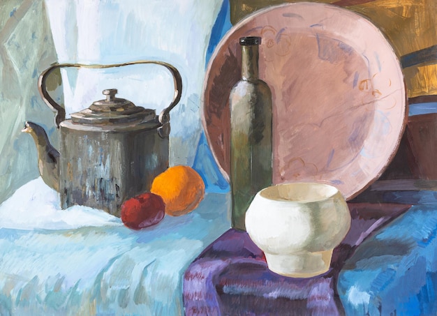 Hand painted still life with old kettle kettle