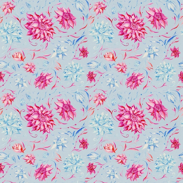 Hand painted watercolor background with pink and light blue flowers