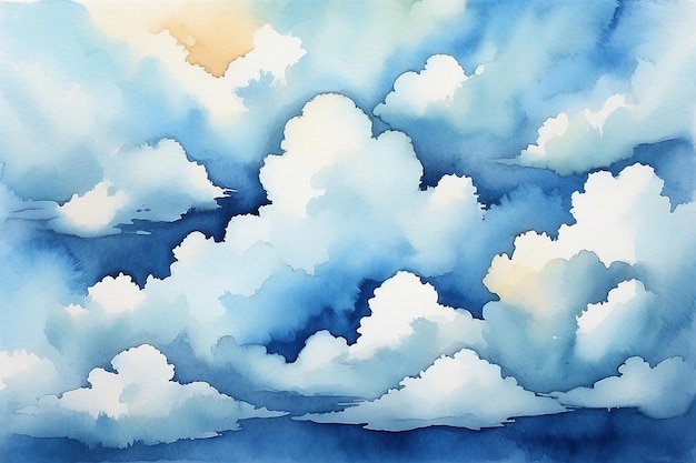 Hand Painted Watercolor Background with Sky and Clouds Shape