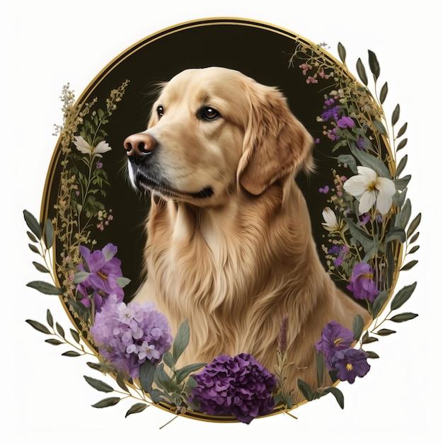 Hand painted watercolor dog portrait labrador with floral wreath