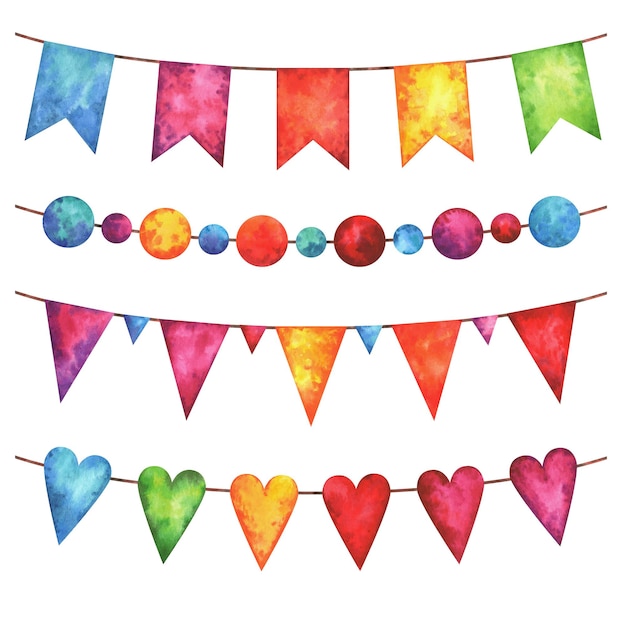 Photo hand painted watercolor festive garlands of colorful flags set isolated on white background