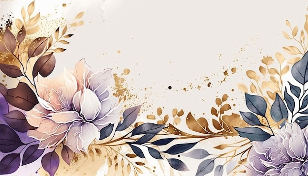 Hand painted watercolor floral background with shiny leaves Generative AI