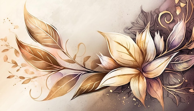 Hand painted watercolor floral background with shiny leaves Generative AI