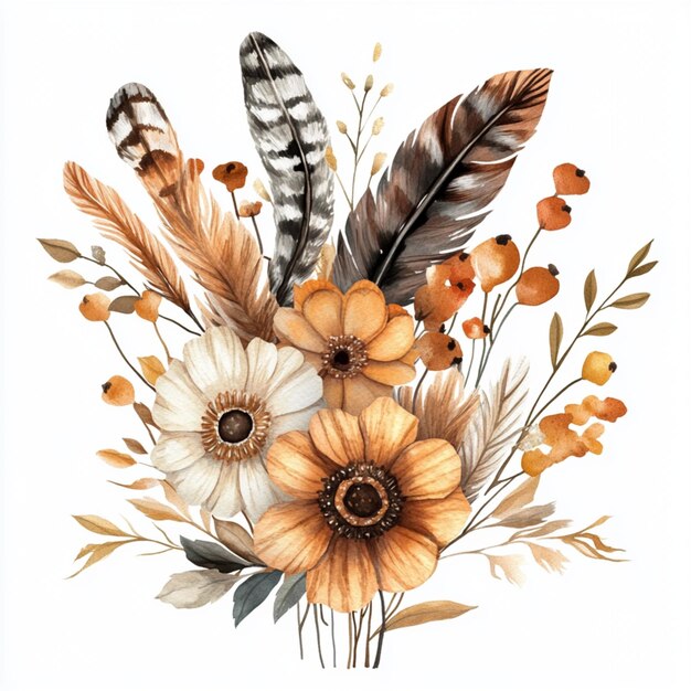 Photo hand painted watercolor flowers and feathers in muted boho colors