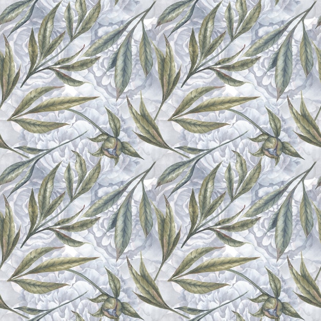 Photo hand painted watercolor green leaves and buds delicate seamless pattern with the translucent flowers