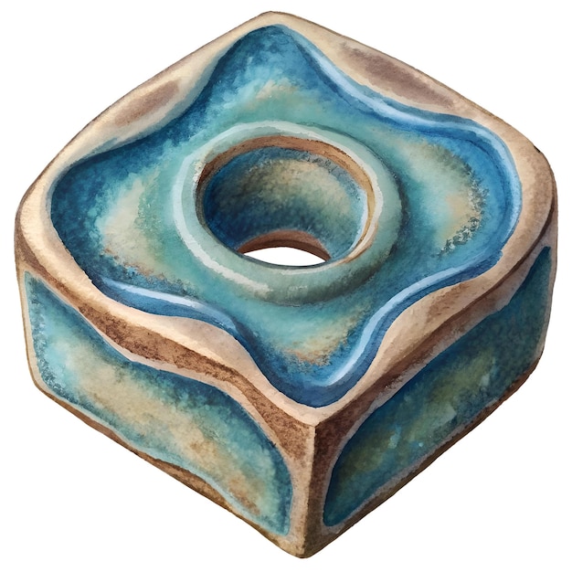 Hand painted watercolor illustration of a square shaped ceramic bead with a hole in the center