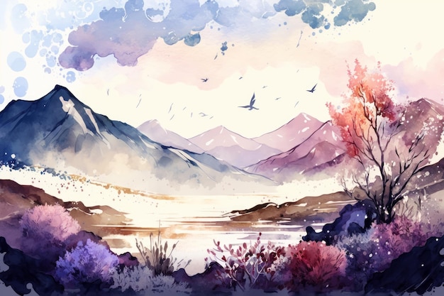 Hand painted watercolor nature background Illustration AI Generative