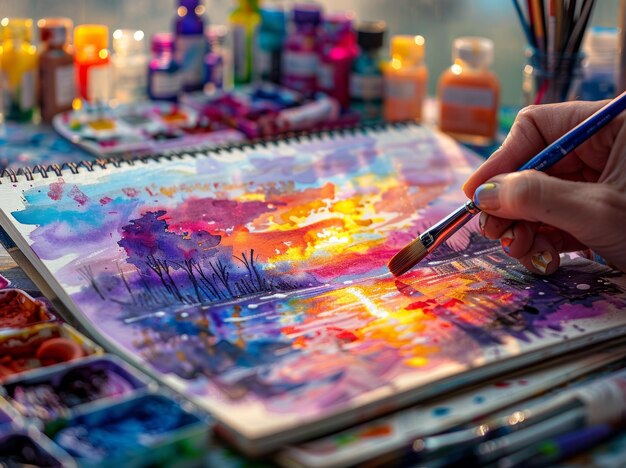 Hand painting a detailed landscape of a sunset over water with watercolors