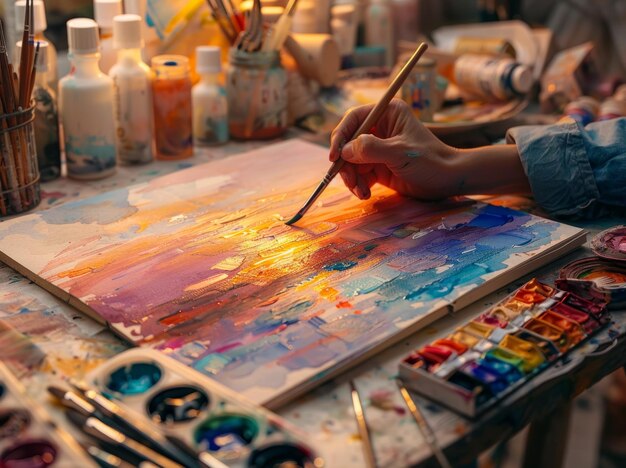 Hand painting a vibrant sunset scene in a cluttered art studio with various painting supplies