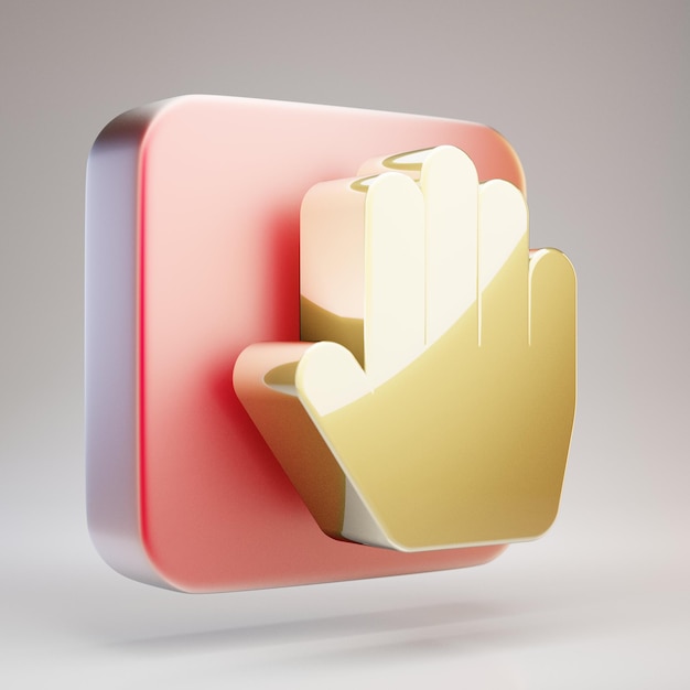 Hand Paper icon. Golden Hand Paper symbol on red matte gold plate. 3D rendered Social Media Icon.