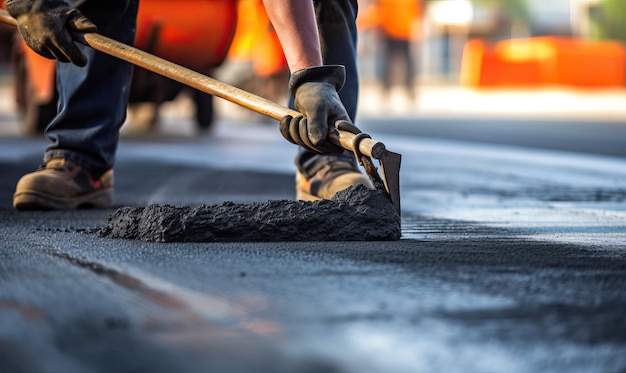 Hand paving asphalt construction worker closeup