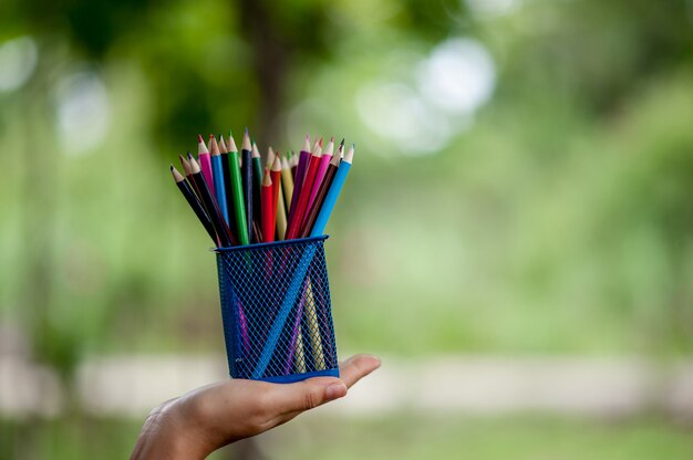 Hand and pencil pictures, green background color Education concept 