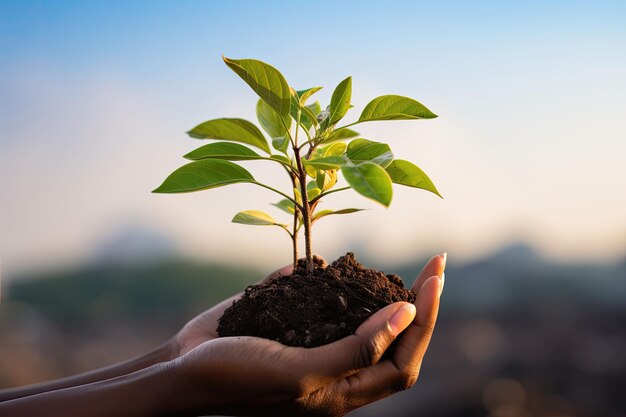 Hand person holding of soil with seedling for new life