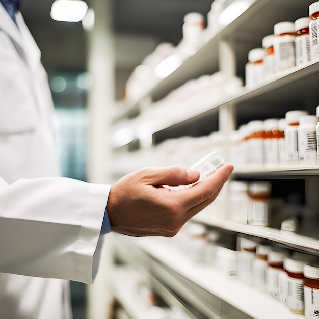 Hand of a pharmacist in a white coat in his pharmacy picking up a medicine Concept of health and pharmacists Generative ai