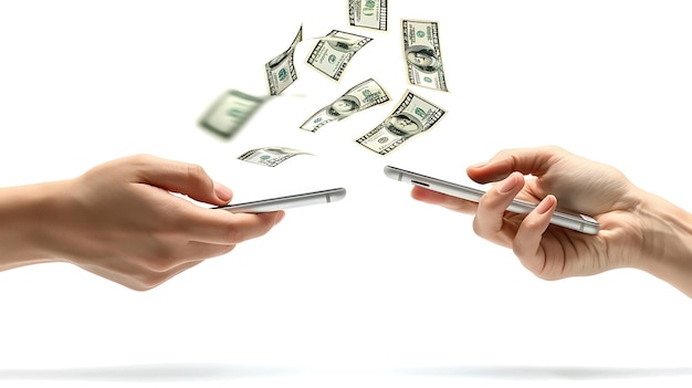 A hand on a phone with money flying from the phone to another phone isolated on white background