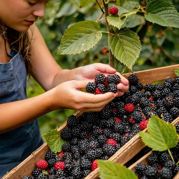 Photo hand picking blackberry fruit