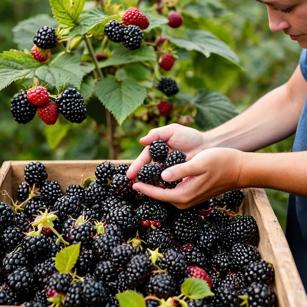 Photo hand picking blackberry fruit