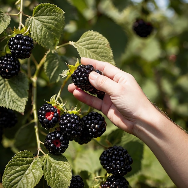 Photo hand picking blackberry fruit