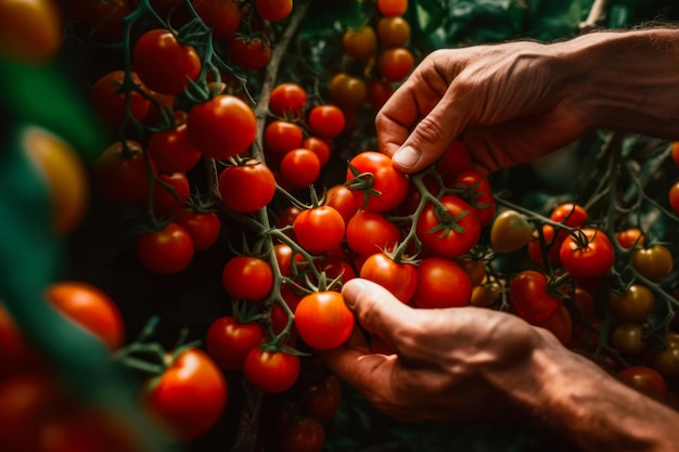 Hand picking red cherry tomatoes harvest generative ai